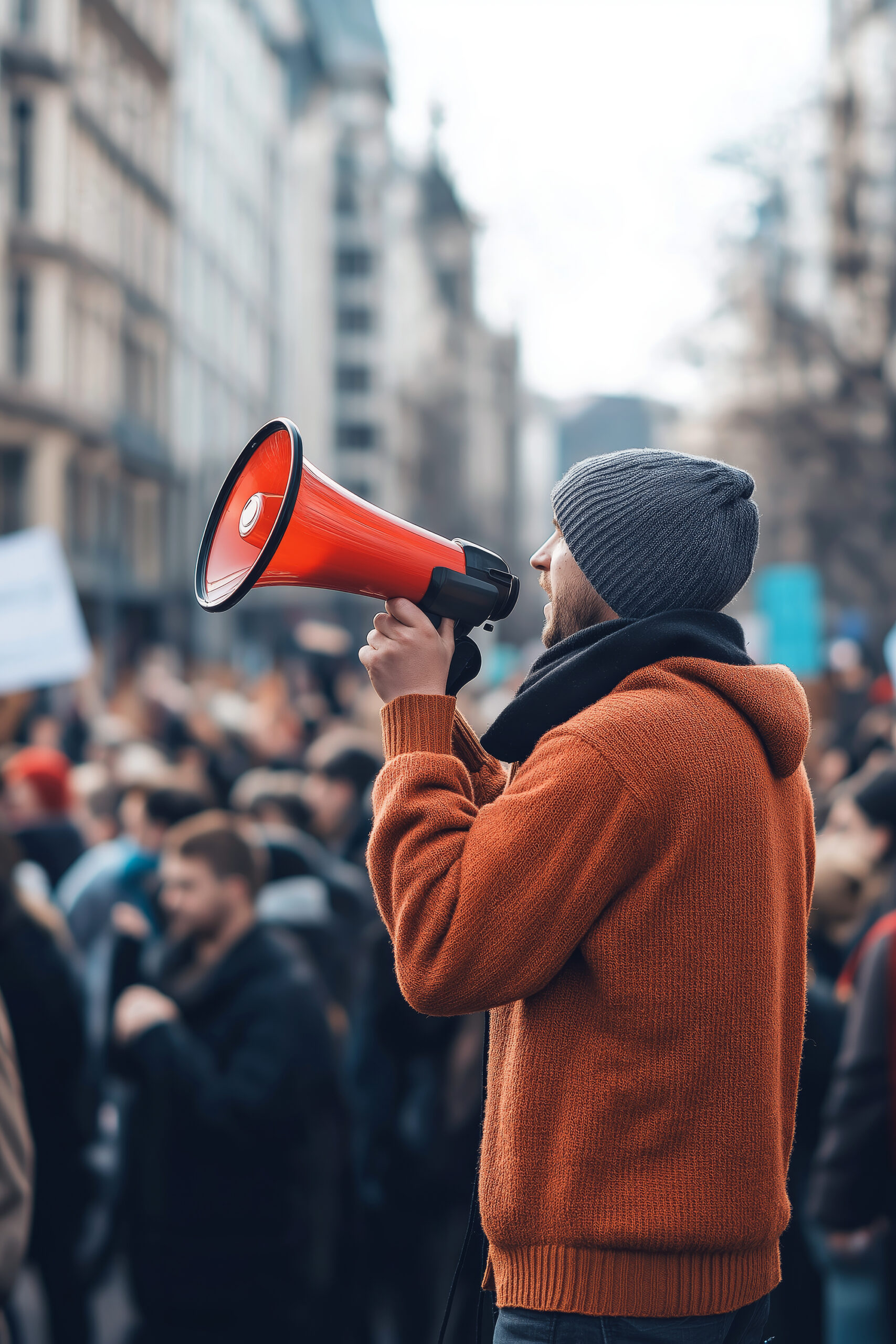 Close-up of a protester holding a megaphone, leading chants, surrounded by a passionate crowd.